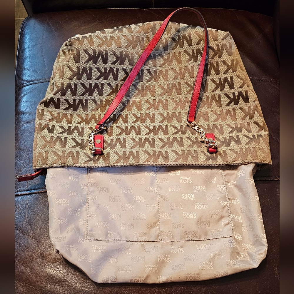 Michael Kors Monogrammed Shoulder Handbag with Red Leather accents EUC - Picture 7 of 16